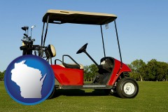 wisconsin map icon and a red golf cart and golf clubs on a golf course